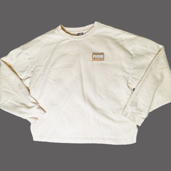 Puma Cream Sweatshirt Womens Small Beige Pullover Fleece Logo Patch Streetwear - Picture 10 of 11